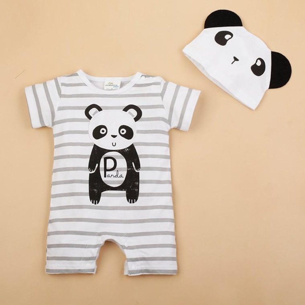 Panda Striped Cotton Baby Romper & Hat